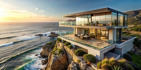 Fototapeta premium Luxurious modern house perched on a cliff with stunning ocean views , luxury, home, architecture, design, interior