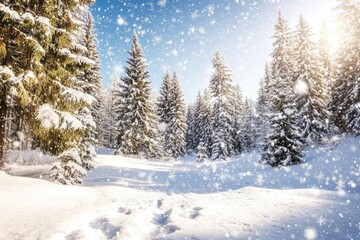 Obraz premium Enchanting Christmas Background Frosty Winter Landscape in a Snowy Forest, Serene Winter Wonderland Snow-Covered Forest for Holiday Designs, Magical Christmas Scene Icy Winter Landscape in a Snowy For