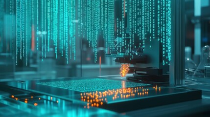 Futuristic data visualization with glowing binary code and digital elements in a lab.