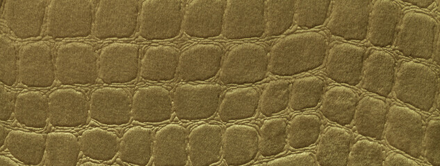 Olive green background from soft upholstery textile material, macro. Golden fabric with pattern crocodile skin.