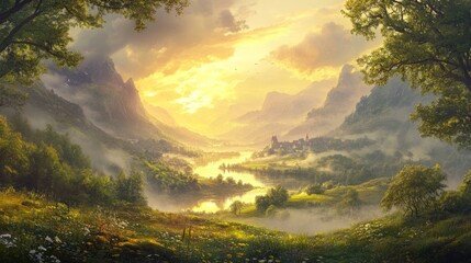 Misty Valley Landscape with a River Winding Through a Village at Sunset