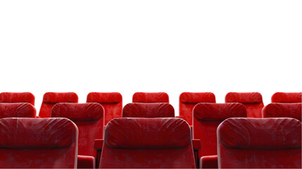 Rows of red cinema or theatre seats against a plain background isolated on a transparent background