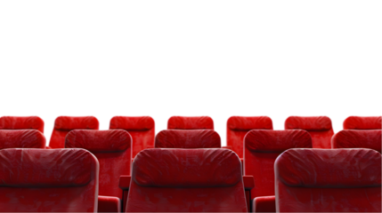 Rows of red cinema or theatre seats against a plain background isolated on a transparent background