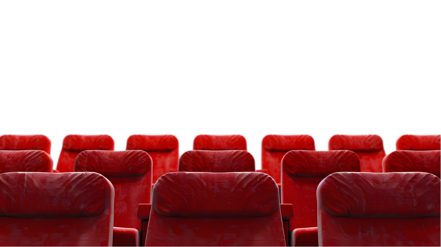 Rows of red cinema or theatre seats against a plain background isolated on a transparent background