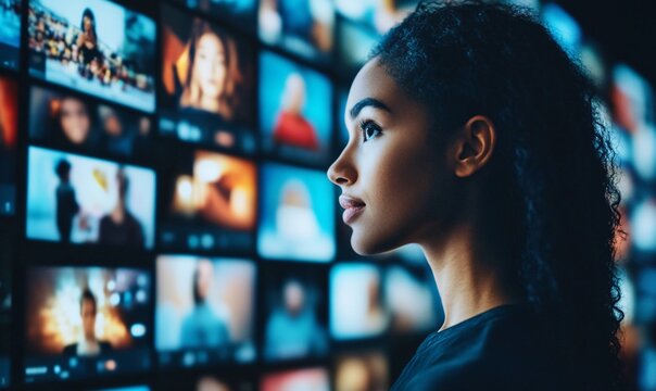 A person standing in front of a group of streaming screens, watching various videos being played, representing social media, platforms, internet, business, media, and the competitive dynamics of short