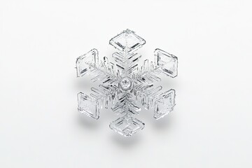 A tiny frozen ice crystal hovering against a clean white background