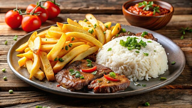 Delicious Brazilian executive dish with Parmegiana beef, rice, and french fries, Brazilian, dish, Parmegiana, beef