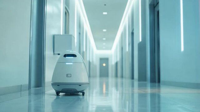 Robot navigates modern clinic hallway, showcasing advanced AI technology in action during daytime