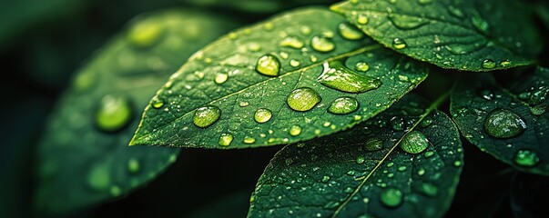 Fototapeta premium Close up of Dew Drops on Lush Green Leaves