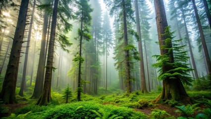 Fototapeta premium Misty Oregon forest with low shot , nature, trees, foggy, atmospheric, Pacific Northwest, serenity, lush, green