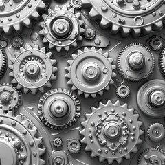 A collection of interlocking gray gears symbolizing machinery and mechanics.
