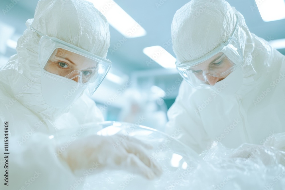 Aufkleber Precision Engineering in Futuristic Lab Scientists in Protective Suits Assembling Technology