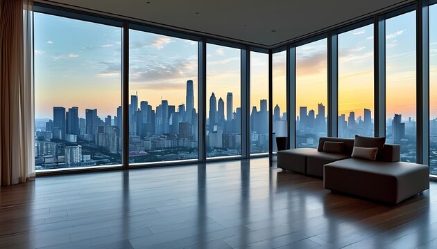 Sunset city skyline view from modern apartment urban environment high-rise living contemporary interior serene atmosphere for real estate promotion