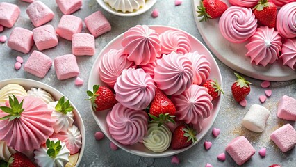 Fototapeta premium Assortment of sweet treats featuring pink marshmallow, meringue cookies, and strawberry sugar pieces, sweets, pink