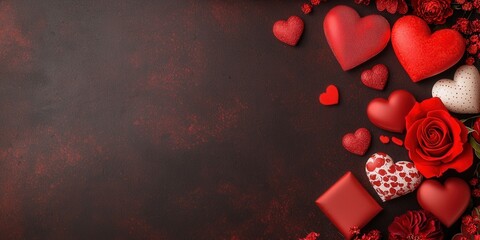 Closeup of Fresh Red Rose Blossom Surrounded by Decorative Hearts and Floral Elements on Dark Background for Romantic Themes