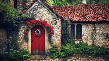 Obraz premium Rustic Stone Cottage with Red Wooden Door and Flower Wreath