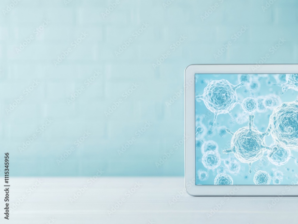 Aufkleber Modern Laboratory Setup with Tablet Displaying Magnified Cells in a Minimalist Style