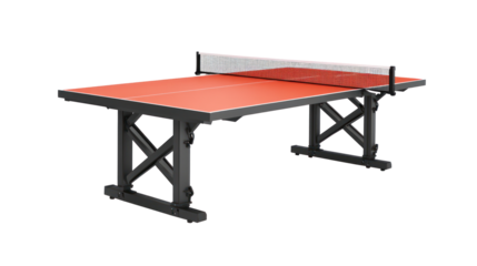 A table tennis table featuring a vibrant red surface and a central net, designed for recreational play and sports activities.