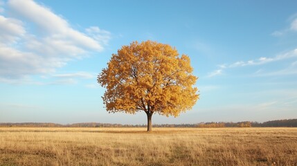 Fototapeta premium An image of a single tree standing tall in an open field during autumn, with its leaves turning golden. The tree is slightly off-center, with the sky providing ample room for quotes or reflections.