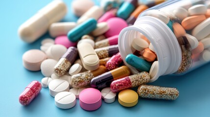 A collection of colorful pills and capsules spilled from a bottle, showcasing a variety of shapes and sizes against a bright blue background.