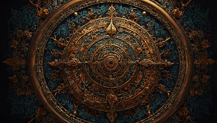Fototapeta premium pattern , A large, ornate, gold circle with intricate patterns and dark teal background. A compass-like design is central.