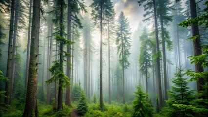 Fototapeta premium Misty Oregon forest captured in a low shot, Oregon, misty, forest, woodland, trees, fog, nature, tranquility, peaceful, serene