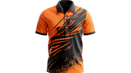 sport polo t-shirt with orange black abstract pattern front view isolated on a transparent background