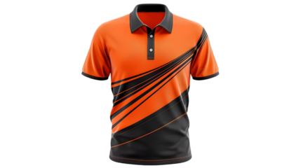 sport polo t-shirt with orange black abstract pattern front view isolated on a transparent background