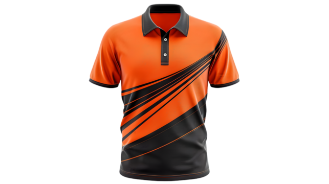 sport polo t-shirt with orange black abstract pattern front view isolated on a transparent background