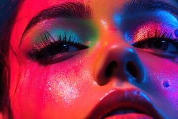 A close-up of a face with vibrant, colorful makeup and glossy skin.