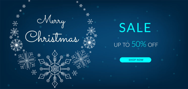 Merry Christmas and Happy New Year promo sale flyer with snowflake wreath. For poster, banner, discount, special offer. Vector illustration EPS10