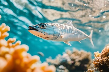 Fototapeta premium A tropical grouper swims gracefully through a vibrant coral reef