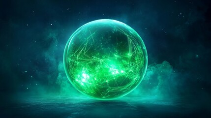 Fototapeta premium A vibrant green sphere glows with ethereal particles, showcasing the concept of a network connection. Framed within the sphere's contours, it becomes an abstract representation of technology
