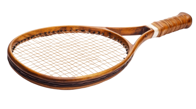 A wooden tennis racket designed for playing the sport, showcasing its traditional craftsmanship and string pattern.