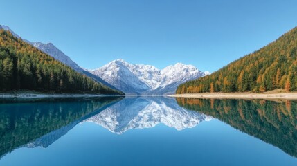 Fototapeta premium Breathtaking Reflection of Snow-Capped Mountains on Serene Lake Amidst Evergreen Forest