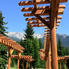 Wooden arbors among trees and mountains