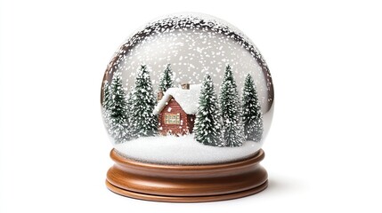 Snow globe with miniature winter house scene; snow falling, pine trees, wooden base, isolated on white.