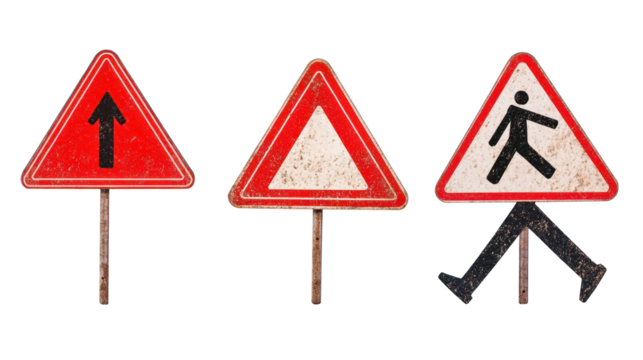 The image features three weathered traffic signs one indicating straight ahead, one warning of a hazard, and one for pedestrian crossing.