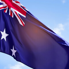 A vibrant Australian flag waving in the background, with its iconic stars and Union Jack design clearly visible