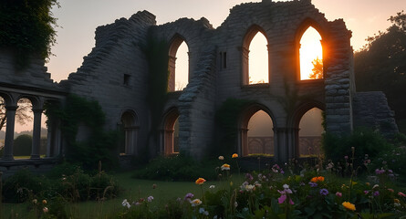 Obraz premium Ancient Castle Ruins at Dawn with Ivy and Wildflowers
