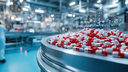 Obraz premium A close-up view of red and white capsules on a conveyor in a pharmaceutical manufacturing facility, showcasing automated production.