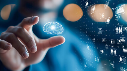 Futuristic AI visualization with a glowing brain held in hands