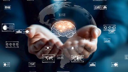 Futuristic AI visualization with a glowing brain held in hands