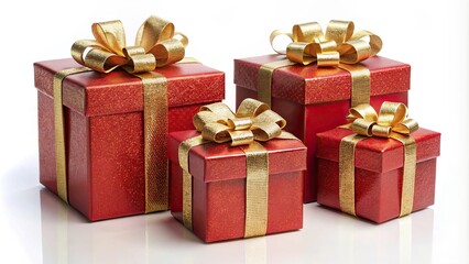 Obraz premium Collection of four red gift boxes with gold bows, perfect for holiday celebrations or special occasions, festive, gift, presents