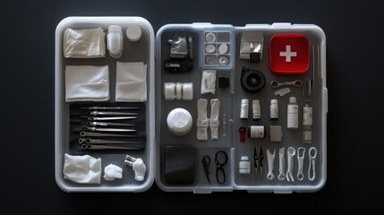 Organized first-aid and repair kit with various tools and supplies.