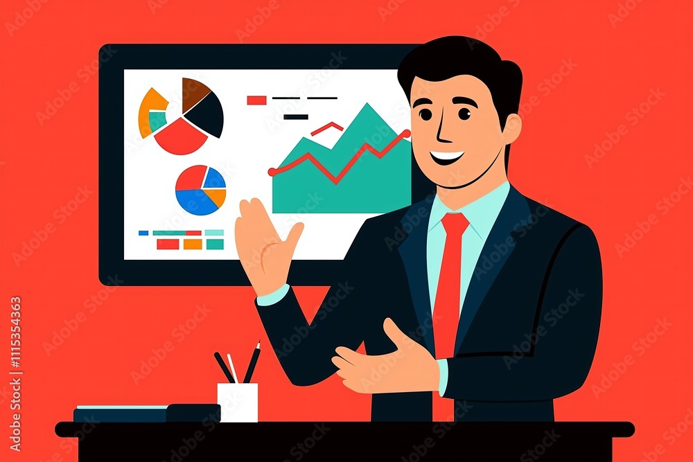 Poster A person in a suit making a confident presentation in front of a projector screen with sales data.