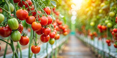 Fototapeta premium Ripe homegrown tomatoes on vine in greenhouse , organic, farm, vegetable, harvest, green, branch, autumn, ripe, fresh, healthy