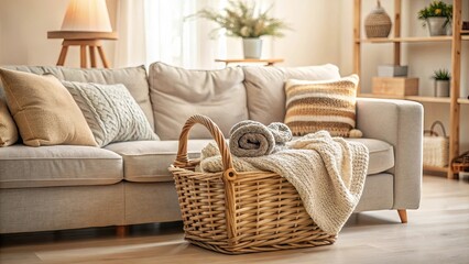 Cozy living room with a basket of knitted blankets on a couch, cozy, comfortable, home, interior, warm, relaxation, hygge