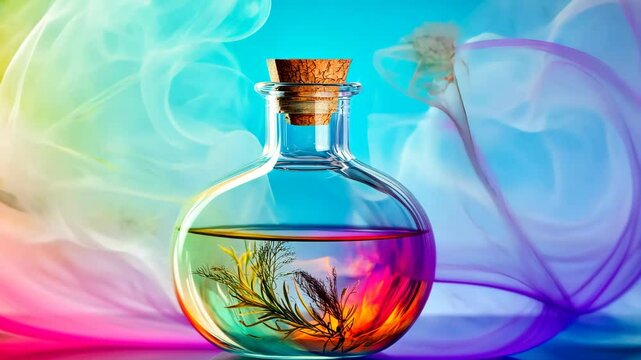 Colorful potion bottle with herbs and vibrant