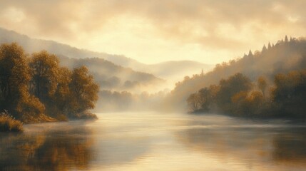 Obraz premium A Misty River Winding Through Forested Hills at Dawn